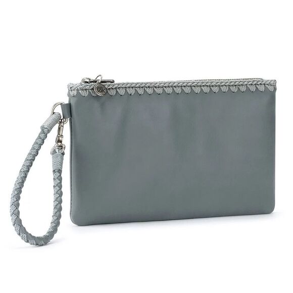The Sak Handbags - NWT The Sak Womens Leather Top Crochet Trim Zip Vita Wristlet Dusty Blue OS